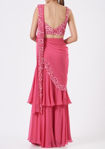 Pink Ruffle Saree Set With Belt