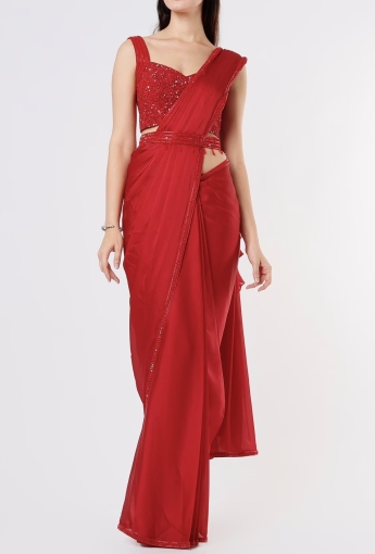 Red Ruffle Saree Set With Belt