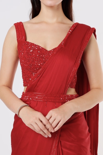 Red Ruffle Saree Set With Belt