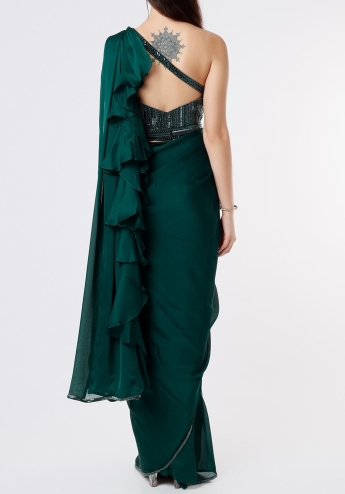 Green Ruffle Saree Set With Belt