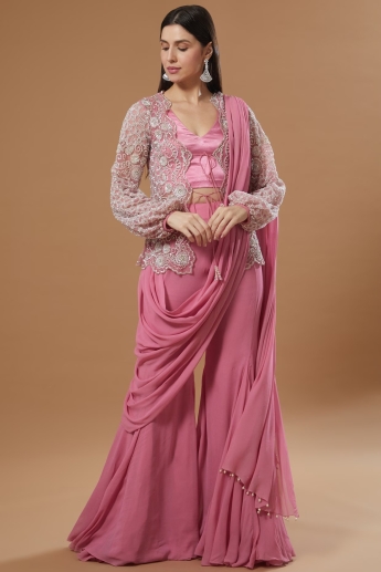 Pink Plazo Saree Set With jacket