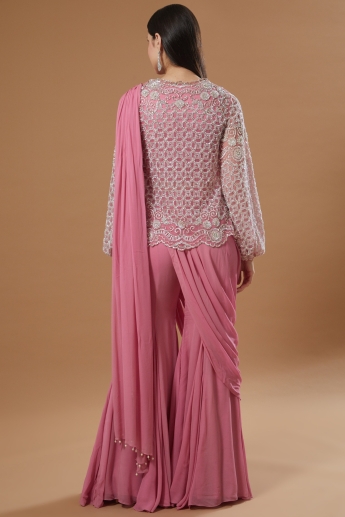 Pink Plazo Saree Set With jacket