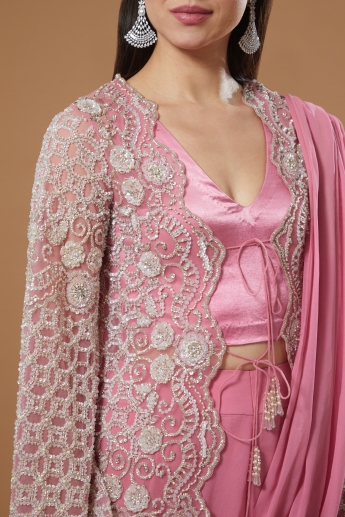 Pink Plazo Saree Set With jacket