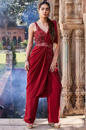 Red Plazo Saree Set