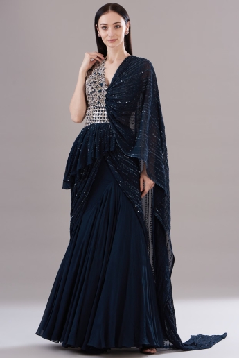 Navy Blue Chiffon & Satin Organza Embellished Gown Saree Design by Charu &  Vasundhara at Pernia's Pop Up Shop 2024