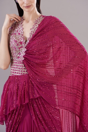 Magenta Pre Draped Saree Set