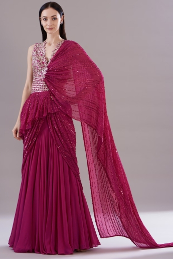 Magenta Pre Draped Saree Set