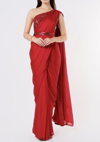 Ruffle Saree In Red