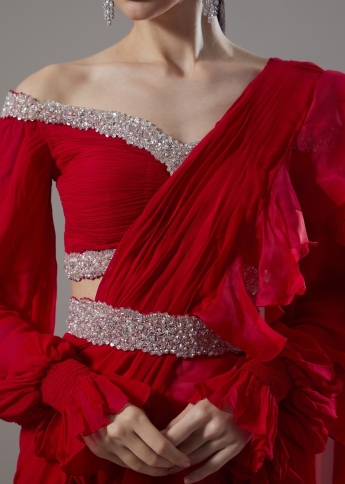 Ruffle Saree In Red