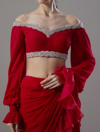 Ruffle Saree In Red