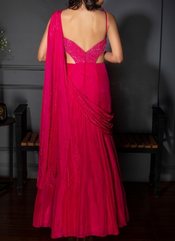 Stitched Saree Dress In Reddish Pink