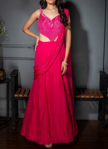Stitched Saree Dress In Reddish Pink