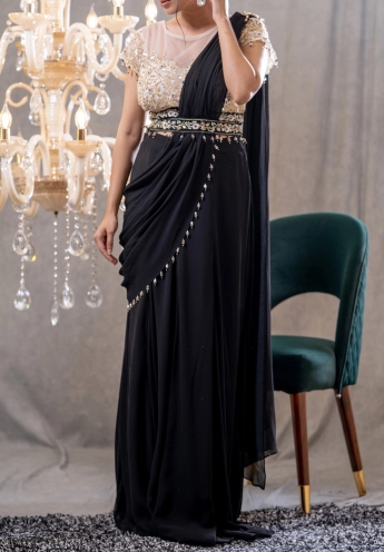 Black Stitched Saree With Belt