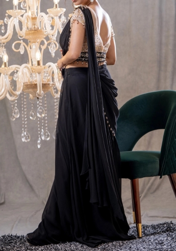 Black Stitched Saree With Belt