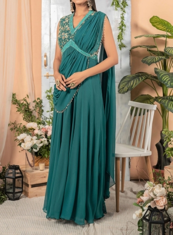 Teal Blue Saree Gown