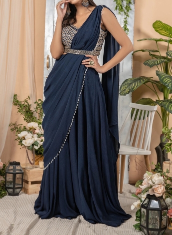 Sophisticated Navy Blue Draped Saree Gown with Embroidered Bodice &  Attached Pallu - Seasons India