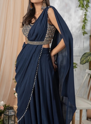 Blue Pre Stitched Saree With Belt