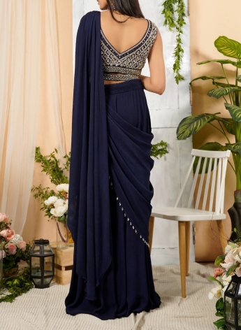 Blue Pre Stitched Saree With Belt