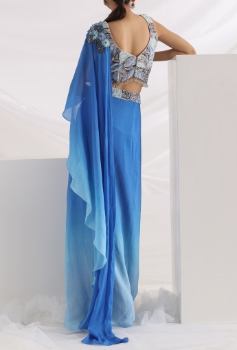 Blue Pre Stitched Saree With Belt