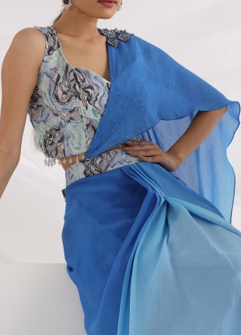 Blue Pre Stitched Saree With Belt