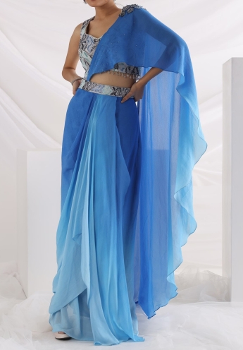 Blue Pre Stitched Saree With Belt