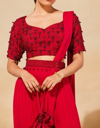 Red Pre Stitched Saree With Belt