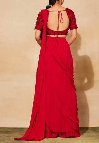 Red Pre Stitched Saree With Belt