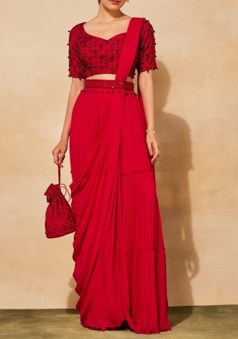 Red Pre Stitched Saree With Belt