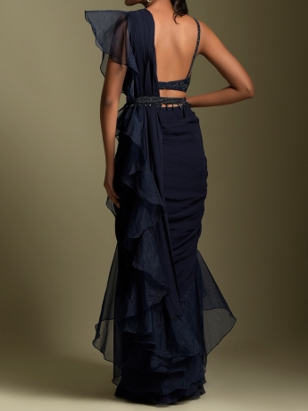 Dark Blue Ruffle Saree With Belt