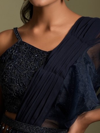 Dark Blue Ruffle Saree With Belt