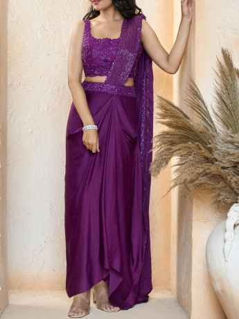 Purple Pre Draped Saree