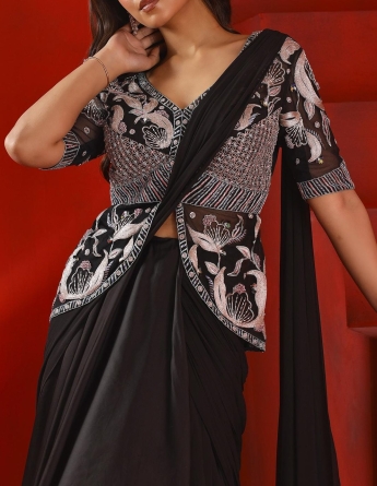 Black Pre Draped Saree