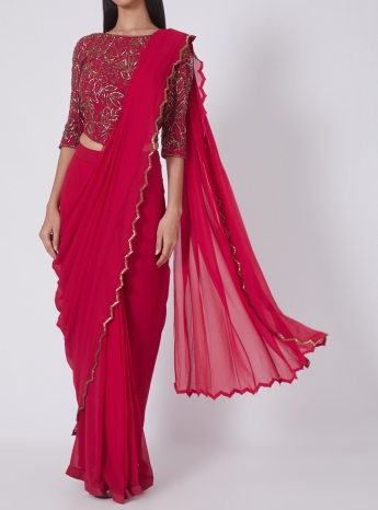 Buy Maroon Jewelled Neck Pre-drape Saree Dress Online - W for Woman