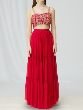 Red Crop Top Skirt With Long Cape