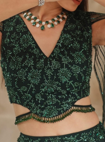 Green Crop Top Skirt With Long Sleeves