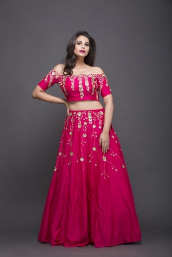 Dark Pink Color Crop Top And Skirt