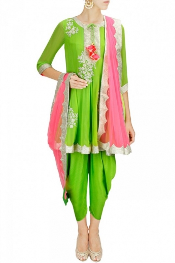 Green And Pink Color Dhoti Dress