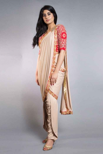 Beige And Red Color Dhoti Saree