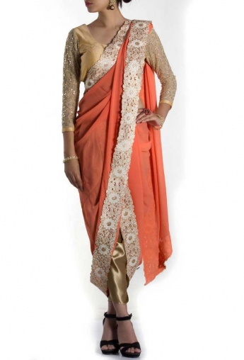 Orange And Golden Color Dhoti Saree