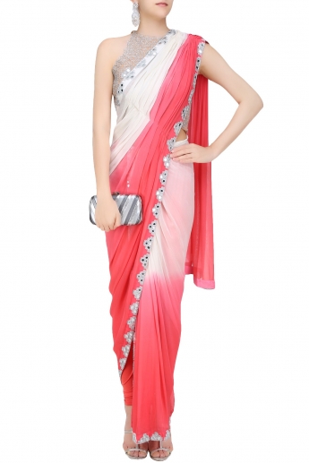Pink And White Color Dhoti Saree