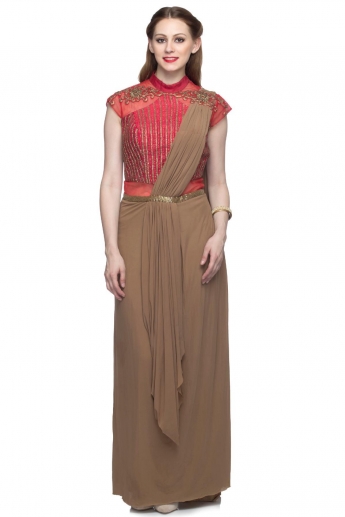 Saddle Brown, Red Color Saree Gown