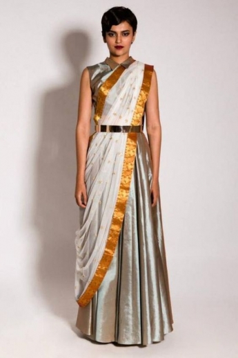 Gray And White Color Saree Gown