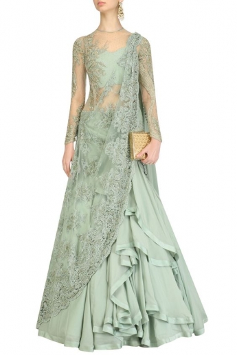 Pastel Green Color Saree Gown