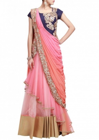 Pink And Blue Color Saree Gown